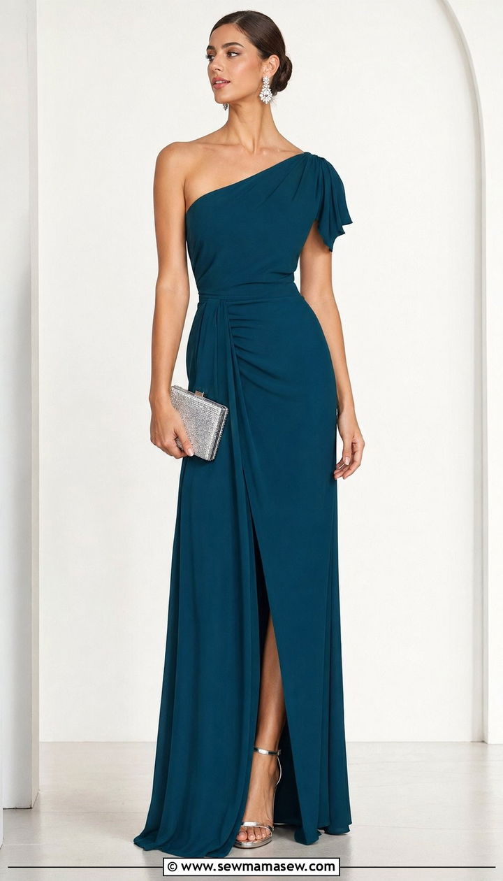 Deep Teal One Shoulder Evening Gown - 30 Wedding guest outfit ideas evening gown