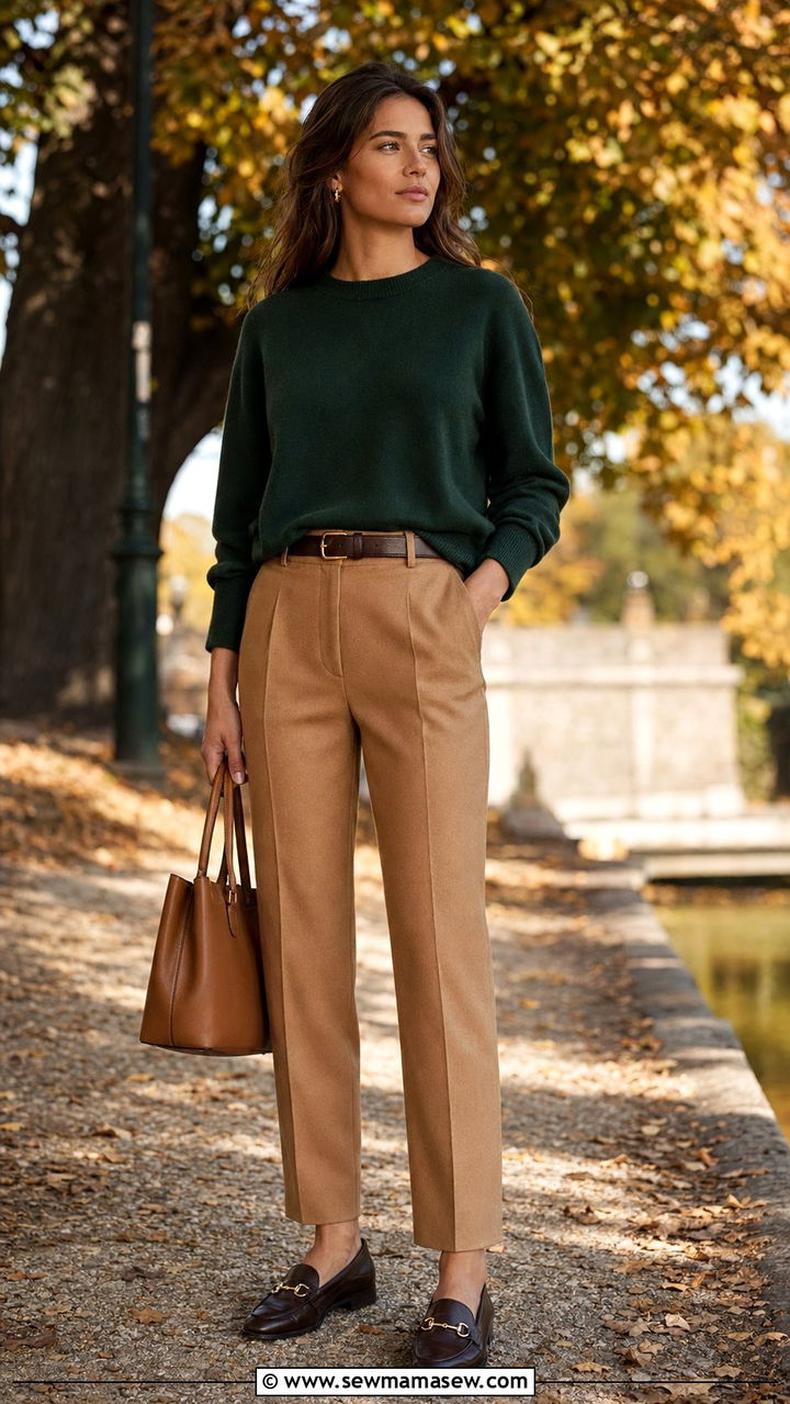 Deep green sweater and camel trousers - 35 quiet luxury outfits for women