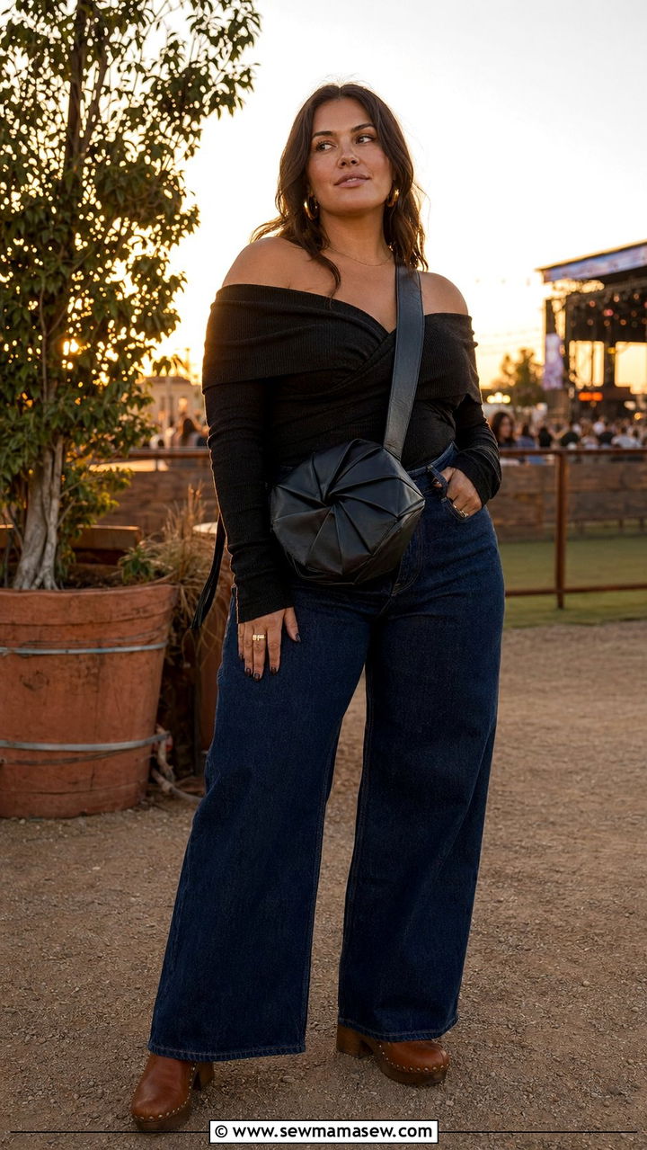 Deep indigo wide leg jeans with an off the shoulder black knit and wooden heeled clogs - 30 Best jeans for plus size