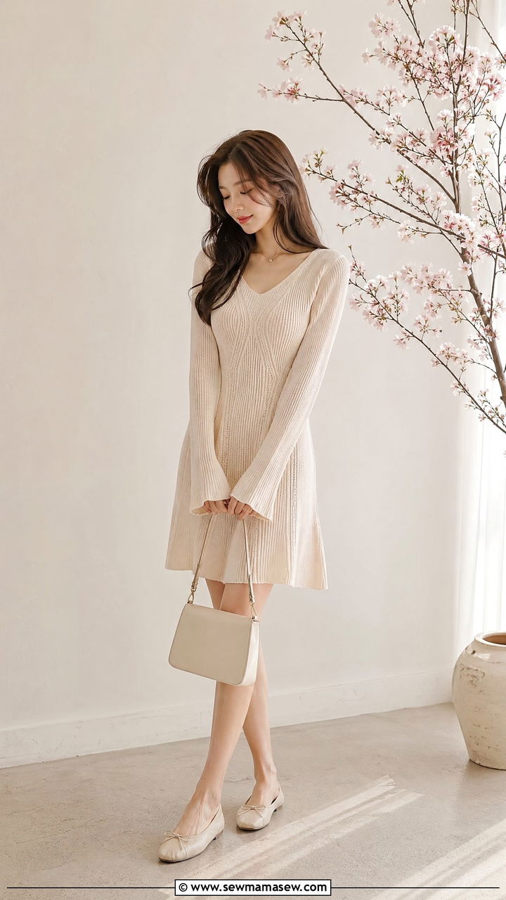 Delicate Knit Dress With Simple Flats - 35 spring soft girl outfit ideas