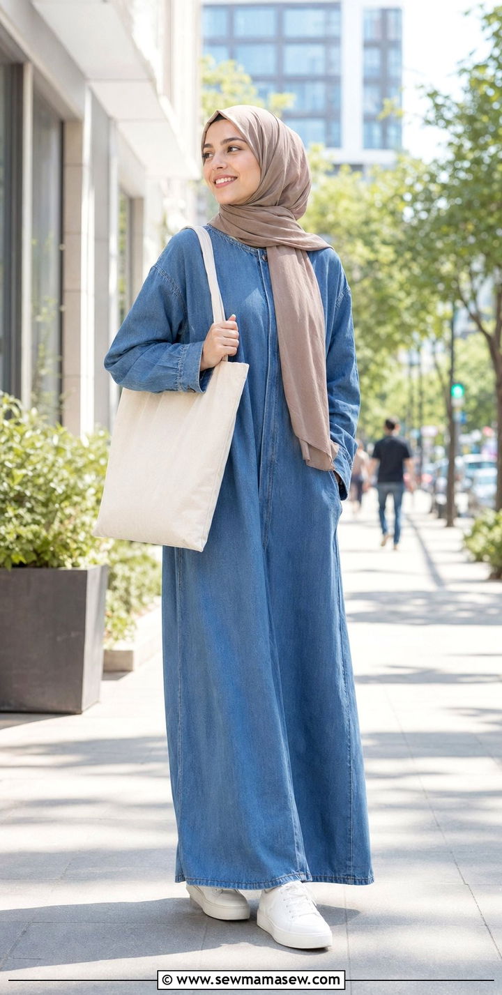 Denim Abaya With White Sneakers And Canvas Tote - 35 Ramadan outfit ideas for women
