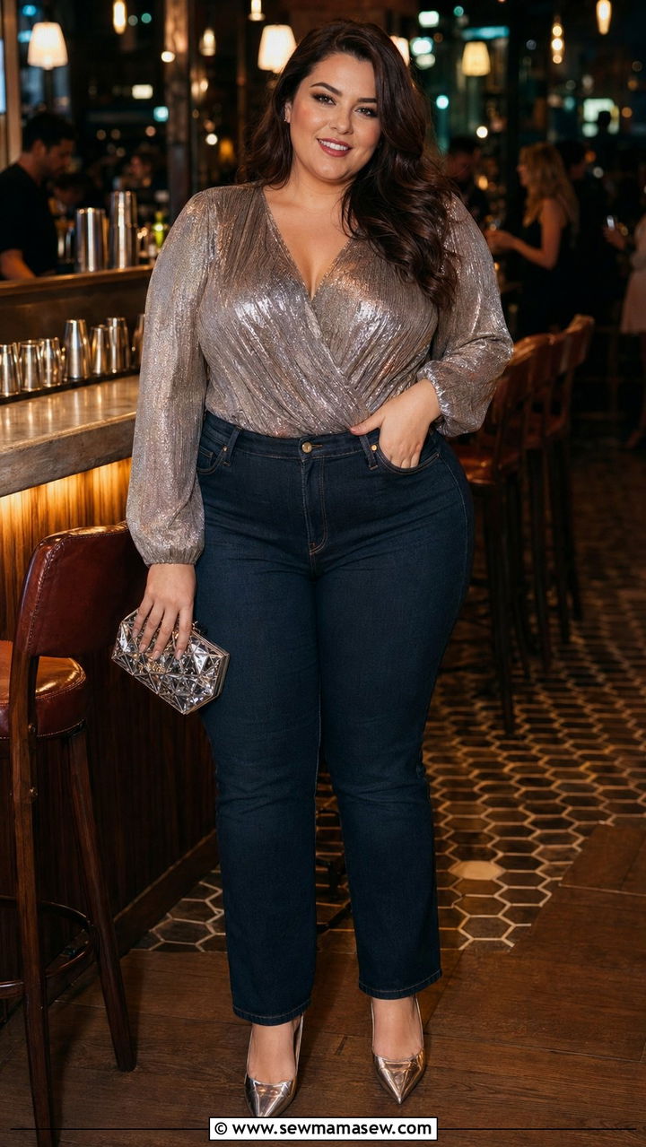 Denim And Statement Top With Metallic Heels - 30 Birthday outfit ideas plus size
