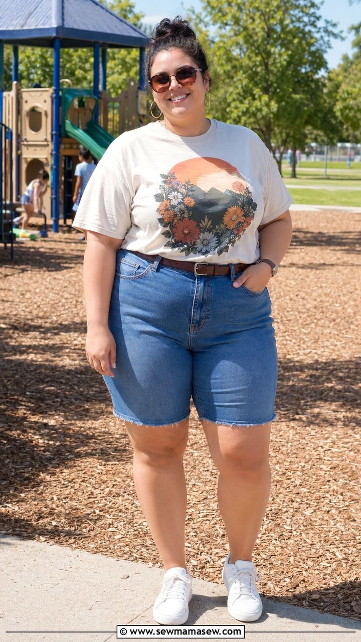 Denim Bermuda Shorts and Graphic Tee - 35 Plus size mom outfit ideas