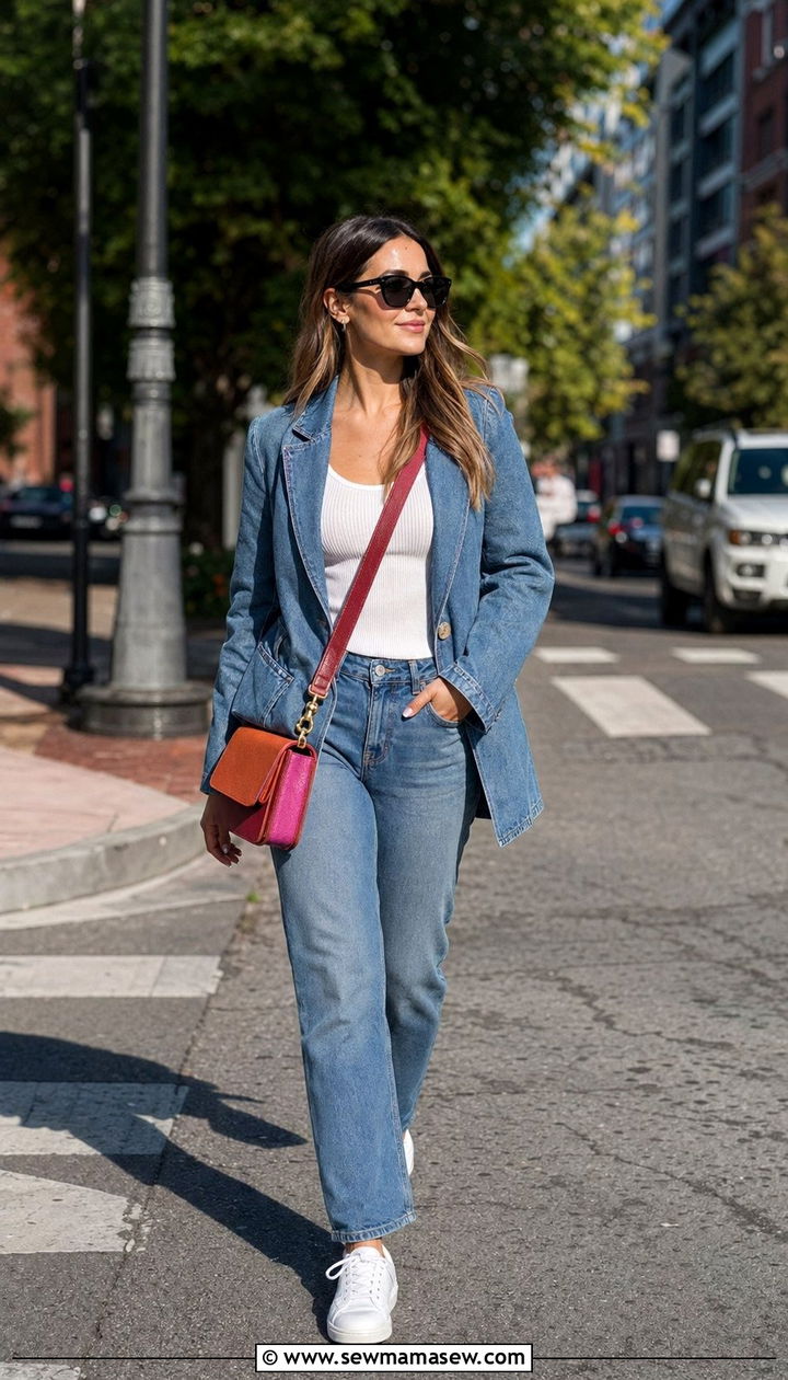 Denim Blazer and Matching Jeans Ensemble - 30 Blazer and pants matching set outfit ideas
