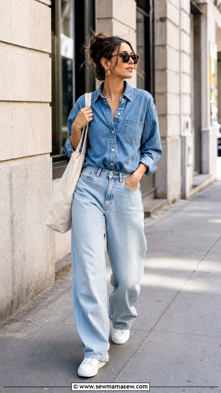 Denim Button Down Shirt with Baggy Jeans and White Sneakers - 30 Baggy jeans outfit ideas with a button down