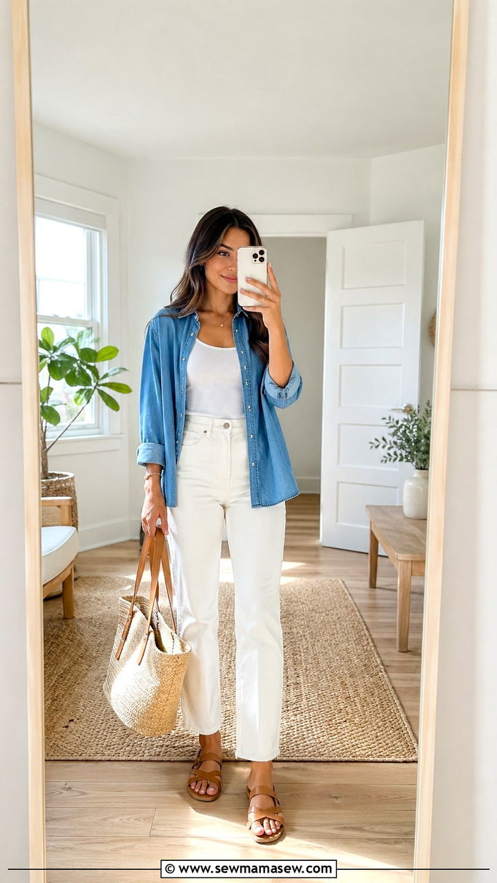 Denim Button Down With White Jeans And Sandals Outfit Petite - 30 Spring capsule wardrobe for petite women