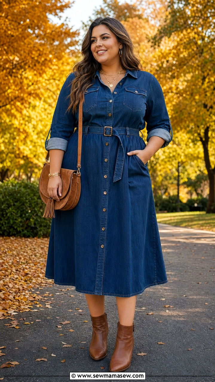 Denim Button Front Dress With Ankle Boots - 30 Best dresses for curvy women