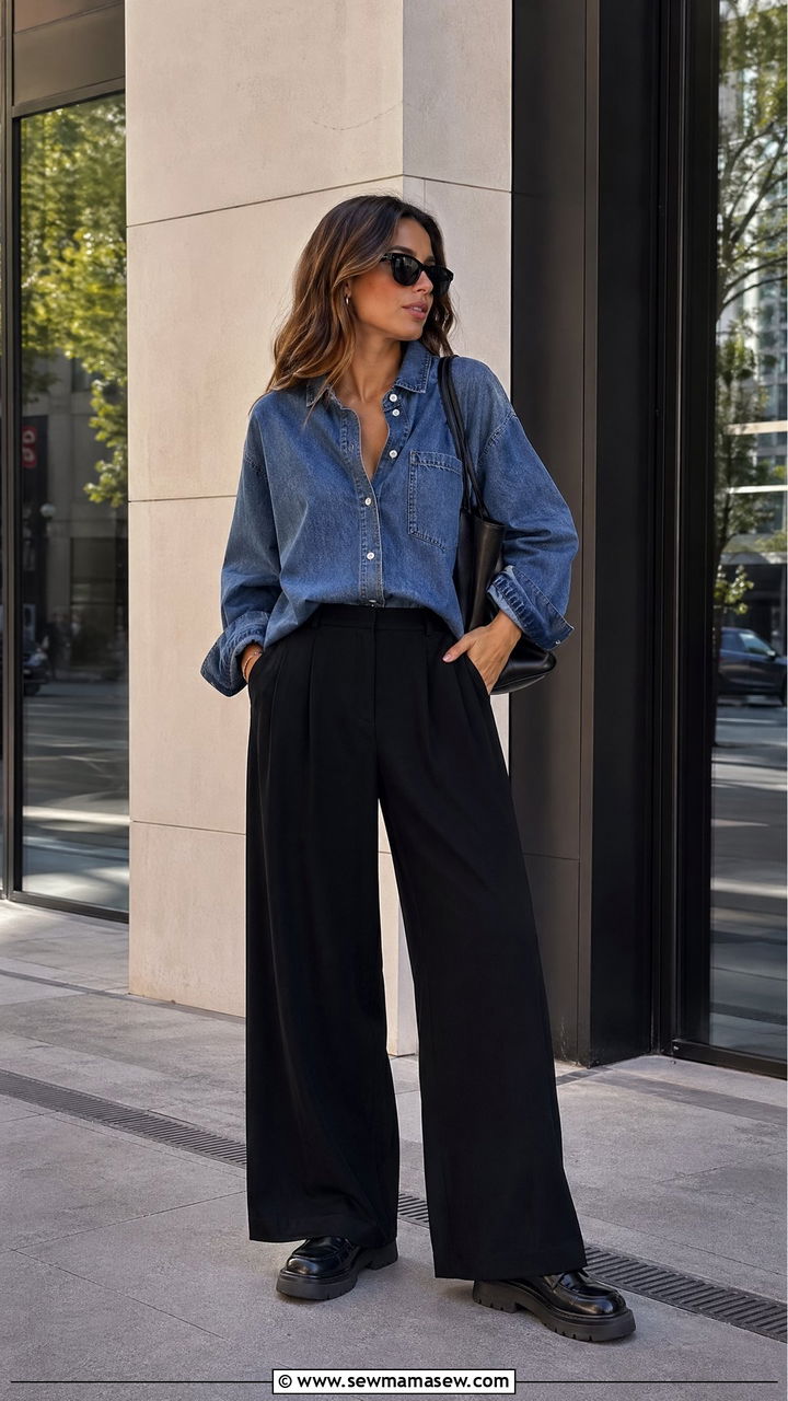 Denim Button Up Shirt With Black Wide Leg Pants - 35 spring outfit ideas for women