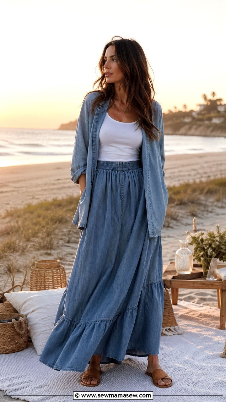 Denim Cardigan And Denim Maxi Skirt - 40 All denim blue outfit ideas