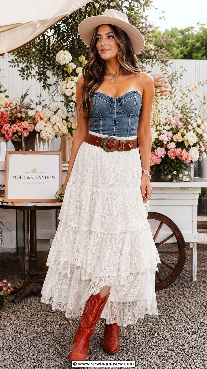 Denim Corset With Tiered Lace Maxi Skirt - 35 Cowgirl outfit ideas