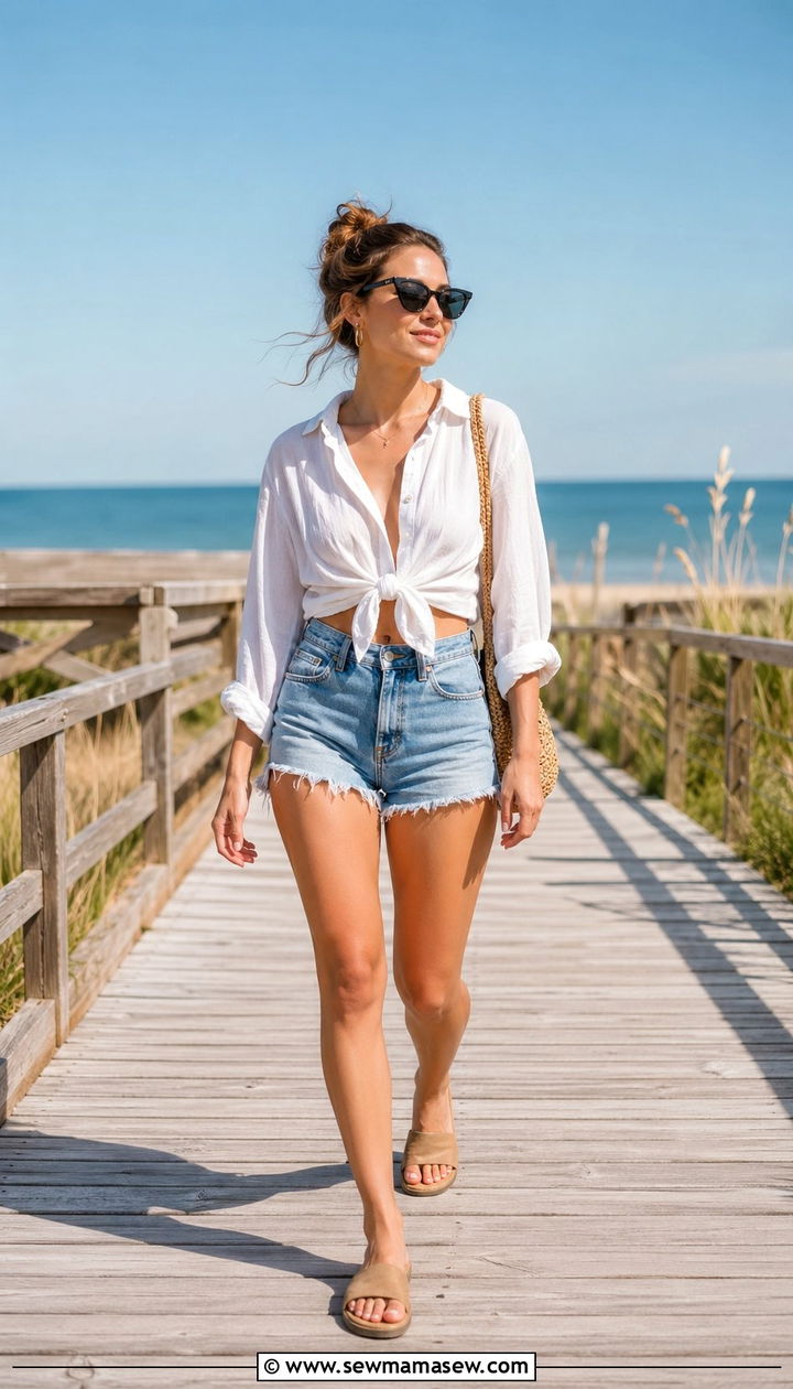 Denim Cutoffs with Breezy Button Down Shirt Petite - 30 Beach vacation outfit ideas petite
