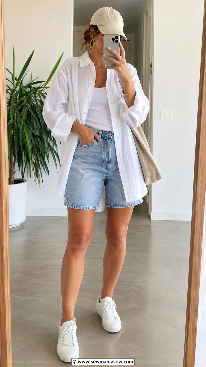 Denim Dad Shorts and Oversized Linen Shirt - 35 summer aesthetic outfit ideas