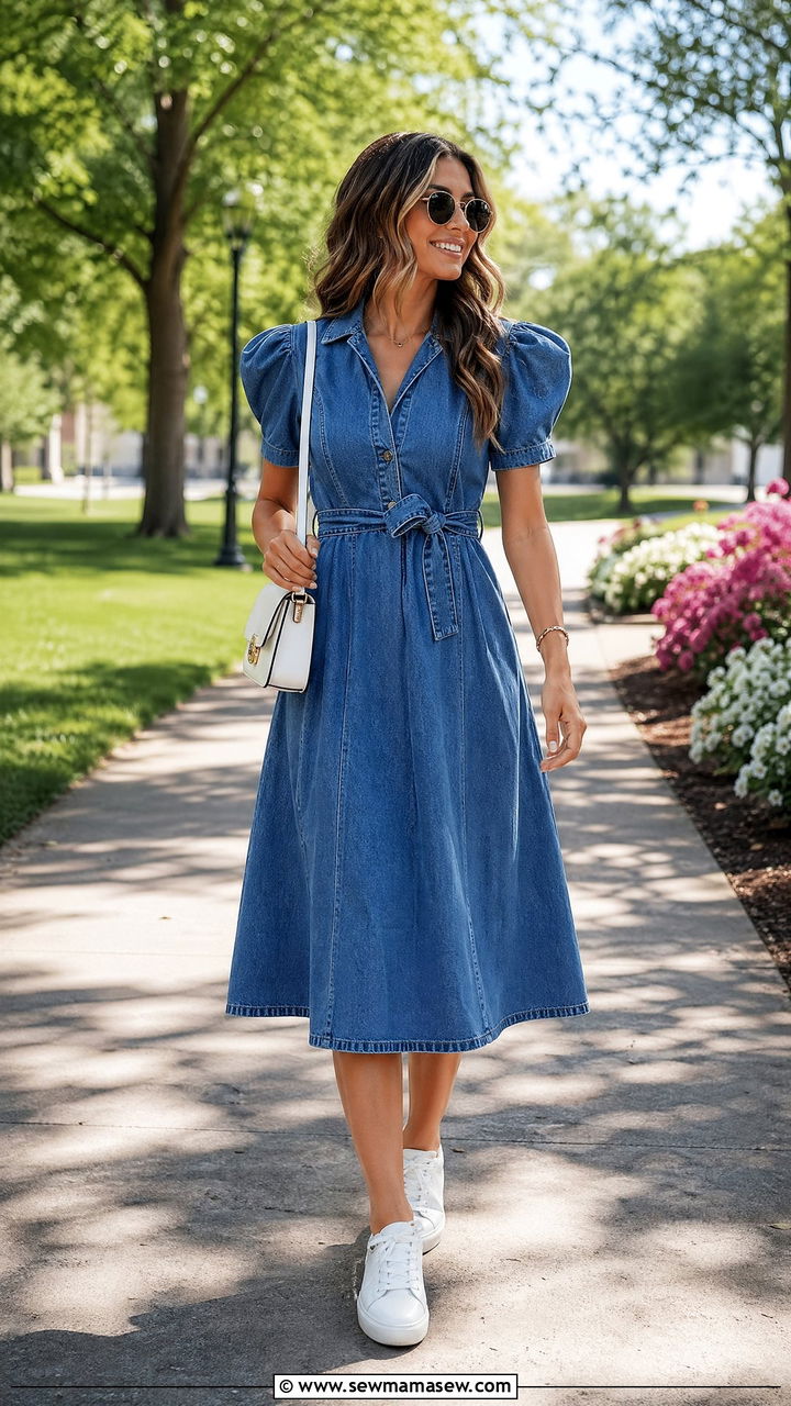 Denim Dress With White Sneakers - 35 summer graduation outfit ideas
