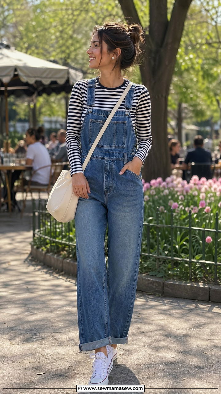 Denim Dungarees with a Striped Long Sleeve Tee - 35 what to wear to brunch