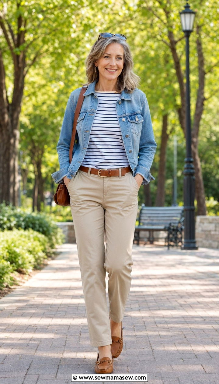 Denim Jacket And Chinos Aging Gracefully Outfit - 30 Aging gracefully outfit ideas