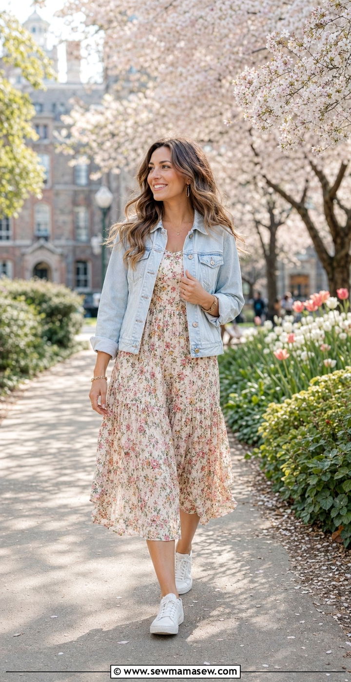 Denim Jacket And Floral Dress Outfit - 35 school outfits for women