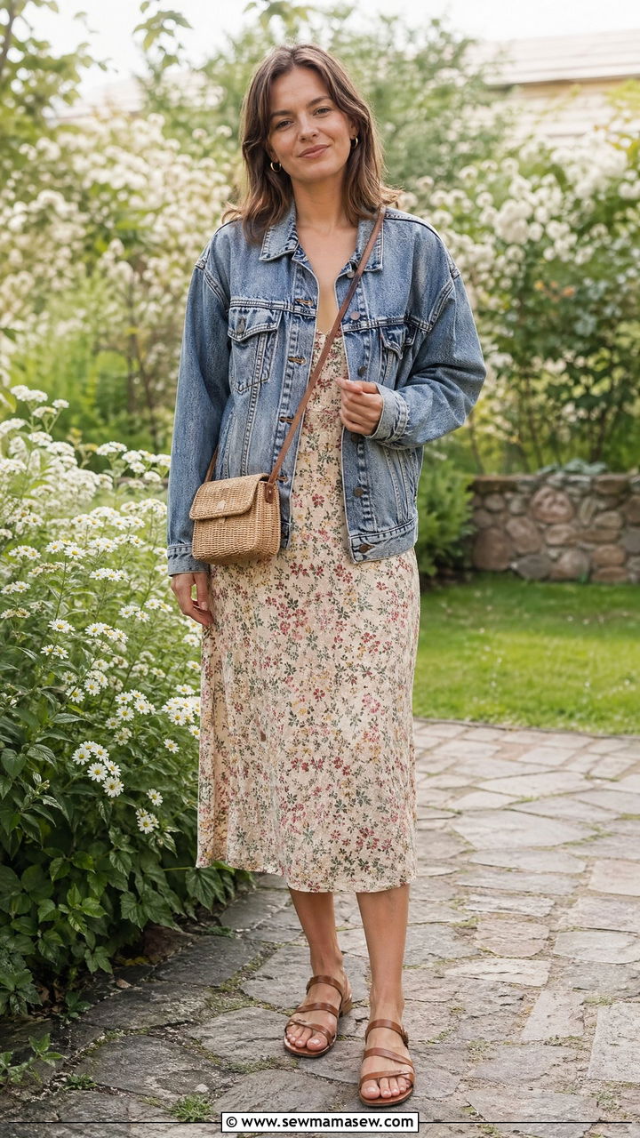 Denim Jacket And Floral Midi Dress - 35 classy 90s outfits