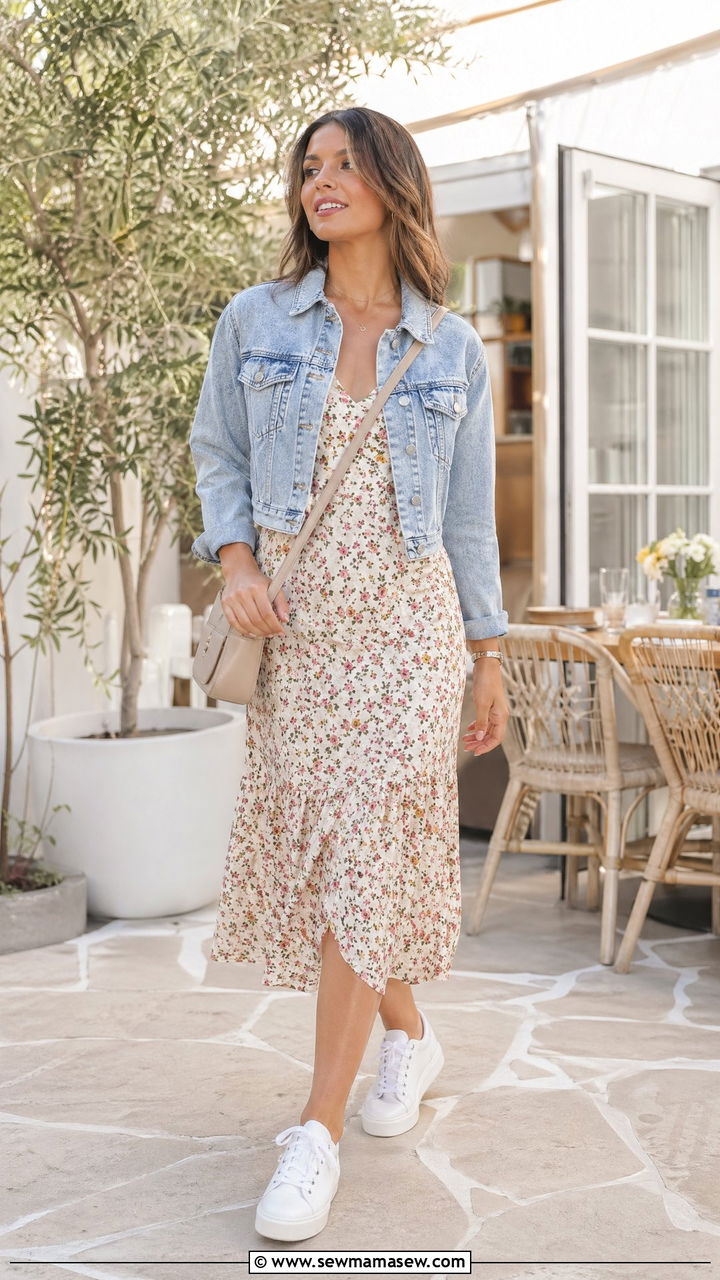 Denim Jacket And Floral Midi Dress Outfit - 35 summer everyday outfit ideas