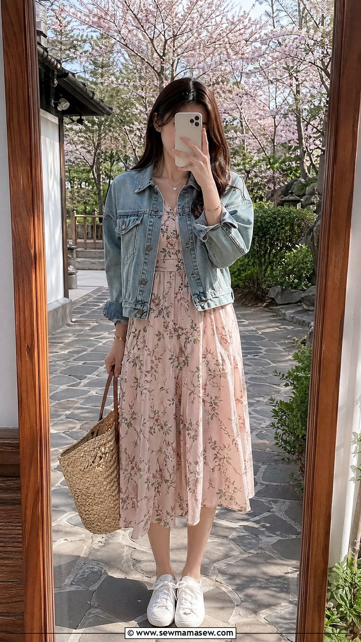 Denim Jacket And Floral Midi Dress Spring Japan - 35 Spring Japan outfit ideas
