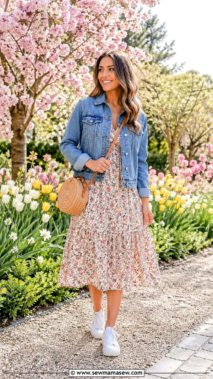 Denim Jacket And Floral Midi Dress - 30 Spring capsule wardrobe minimalist