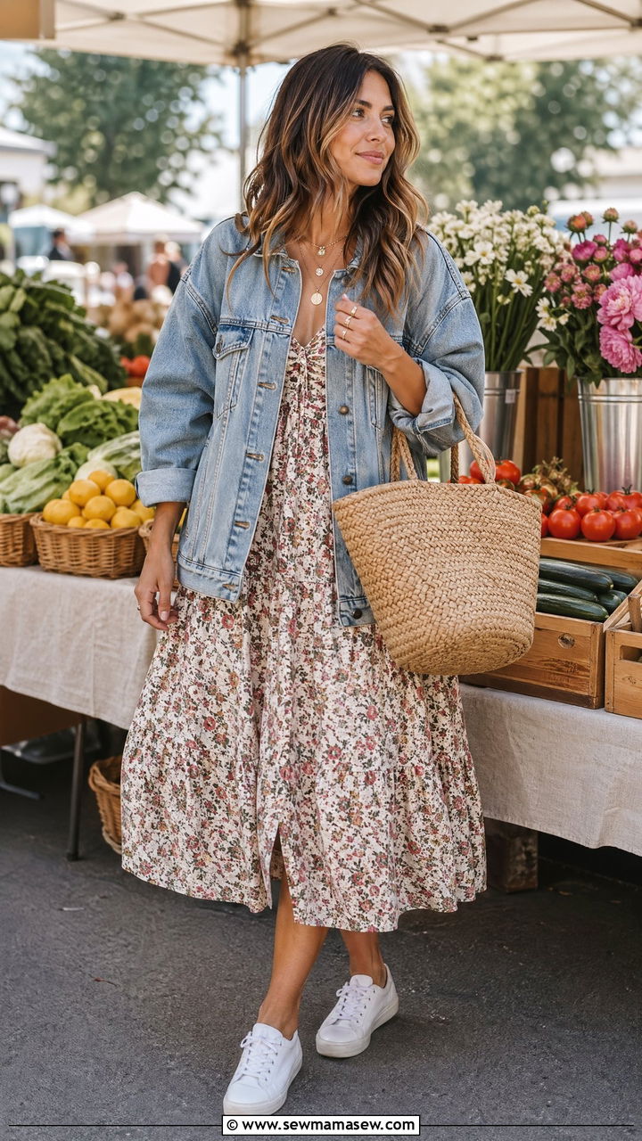 Denim Jacket And Midi Dress Walking Outfit - 35 walking outfit ideas for women