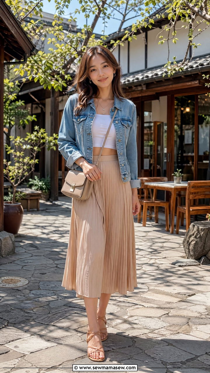 Denim Jacket And Neutral Pleated Skirt Outfit Spring Japan - 35 Spring Japan outfit ideas