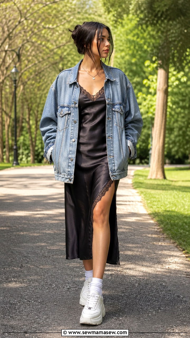 Denim Jacket And Slip Dress With Platform Sneakers - 30 spring grunge outfit ideas