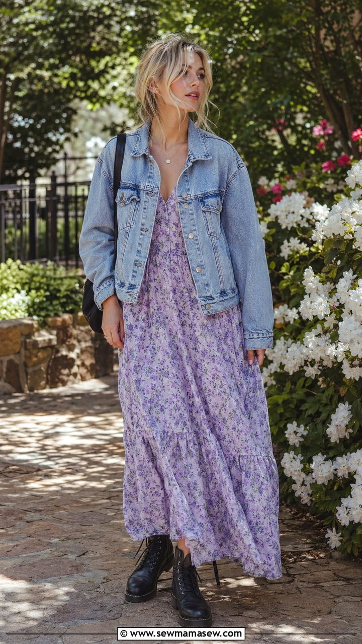 Denim Jacket Layered Over A Floral Maxi Dress With Combat Boots - 30 90s spring outfits
