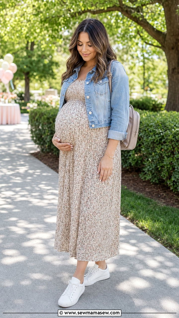 Denim Jacket Layered Over a Floral Maxi Dress - 30 Baby shower outfits for mom to be