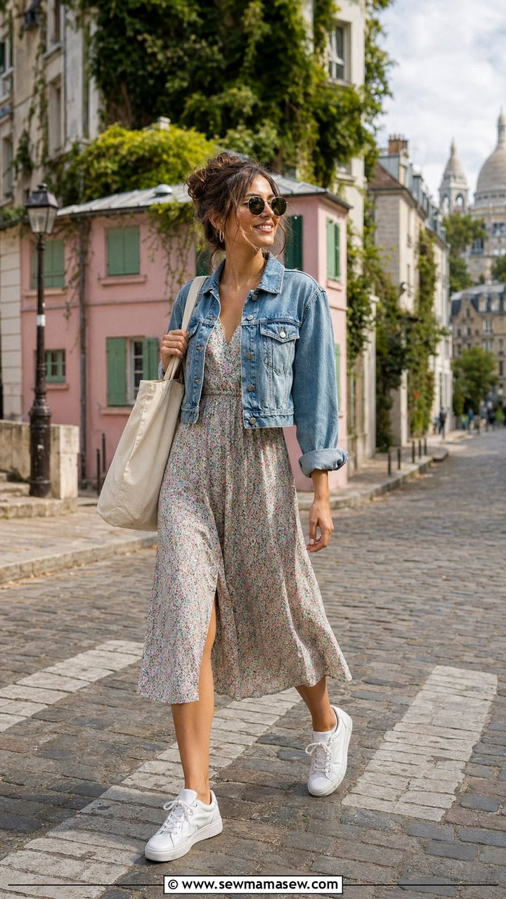 Denim Jacket Over A Floral Dress - 35 Paris summer outfit ideas
