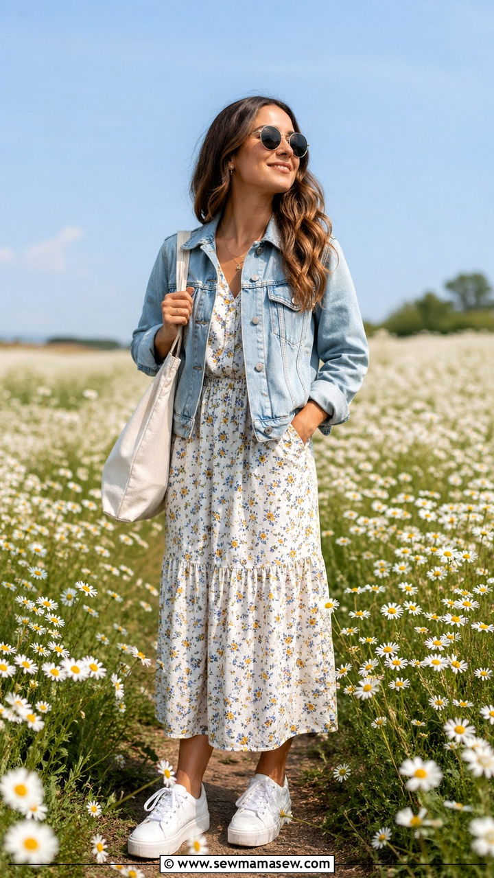 Denim Jacket Over A Floral Midi Dress - 30 Spring flower field photoshoot outfits