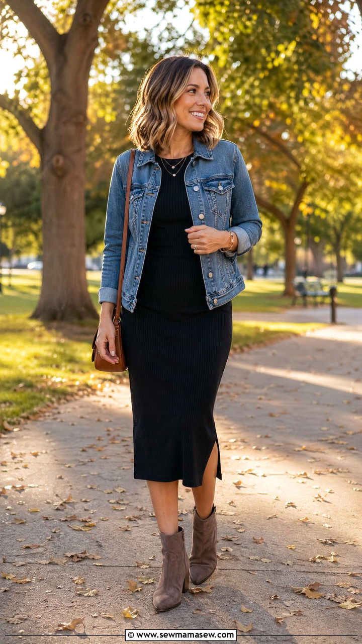 Denim Jacket Over A Midi Dress With Ankle Boots - 35 work outfits for moms