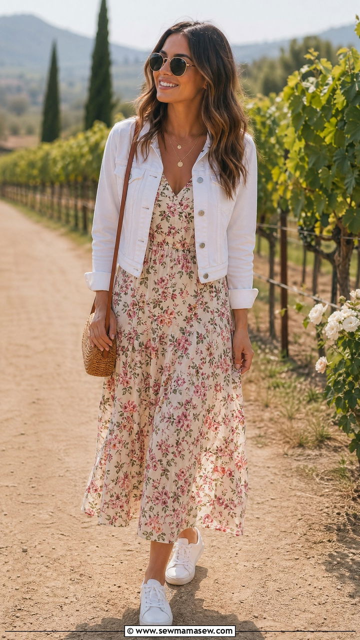Denim Jacket Over Floral Dress Outfit - 35 Cute wedding guest outfits