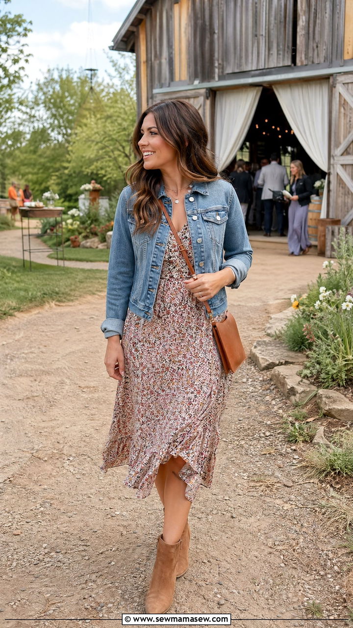 Denim Jacket Over Floral Midi Dress - 35 Countryside wedding guest outfit ideas