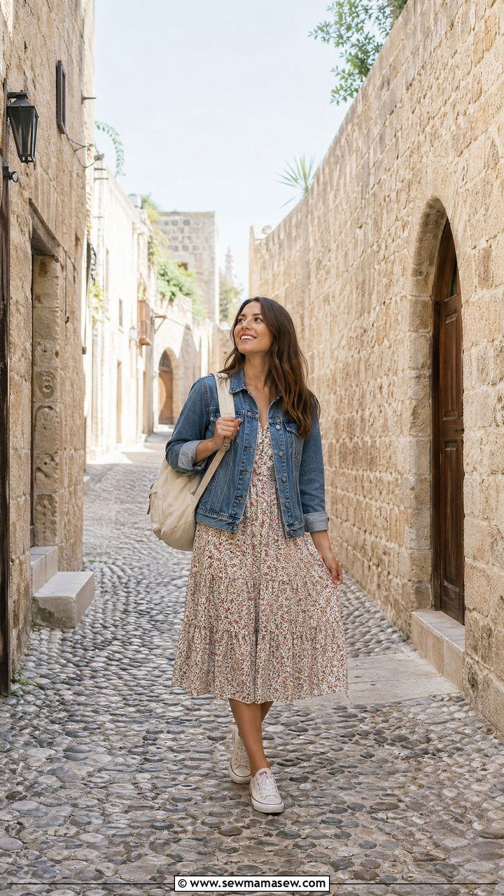 Denim Jacket Over Floral Midi Dress - 35 Spring Greece outfit ideas