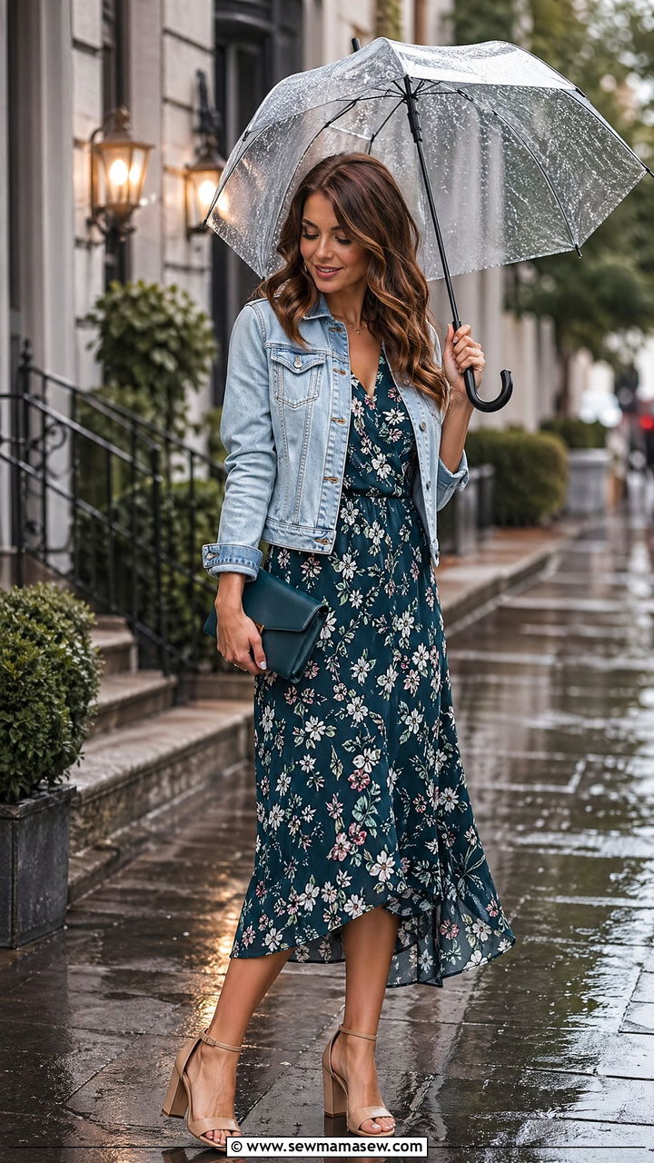 Denim Jacket Over Floral Midi Dress - 35 Cold summer outfits
