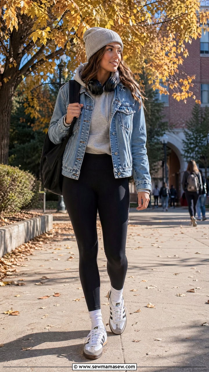 Denim Jacket Over Hoodie With Leggings and Sambas - 35 college outfits 2026
