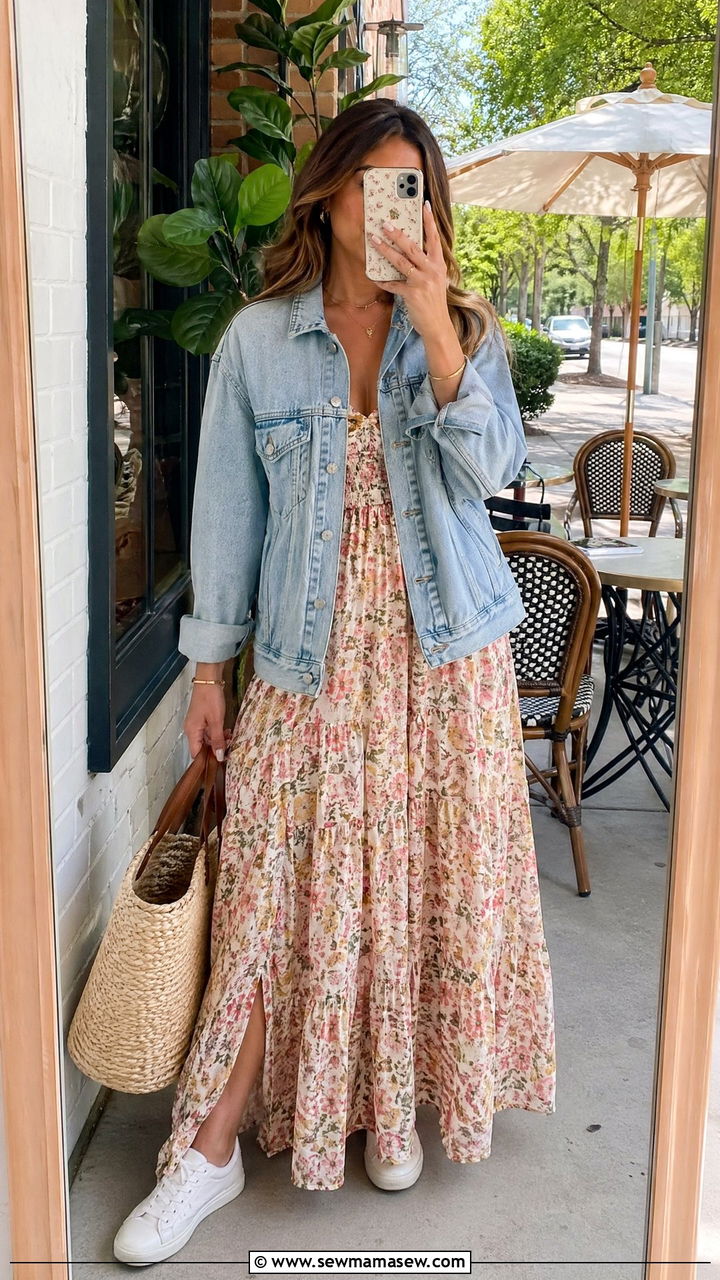Denim Jacket Over Maxi Dress - 35 spring brunch outfit ideas