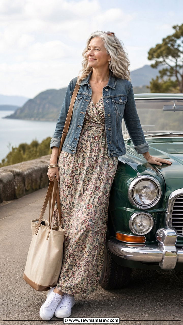Denim Jacket Over Maxi Dress For Road Trip - 35 Travel outfits for women over 50