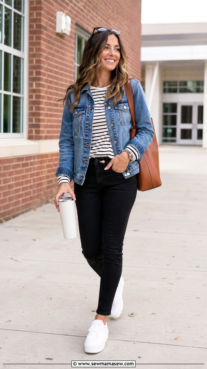 Denim Jacket Over Striped Tee With Black Jeans and Sneakers - 35 teacher outfits for women