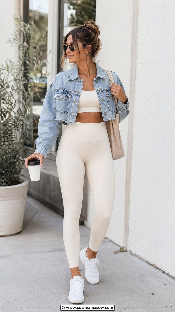 Denim Jacket Over Yoga Set - 35 Yoga instructor outfit ideas
