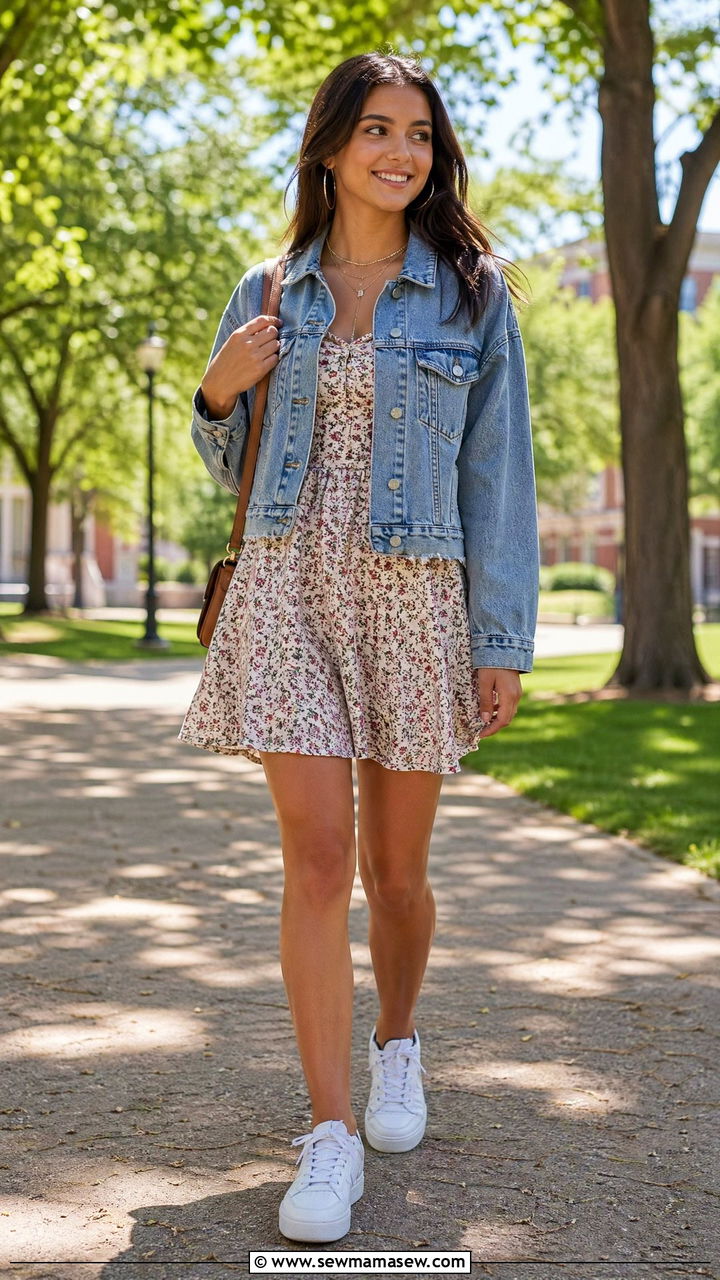 Denim Jacket Over a Floral Dress - 35 Summer outfits for teens