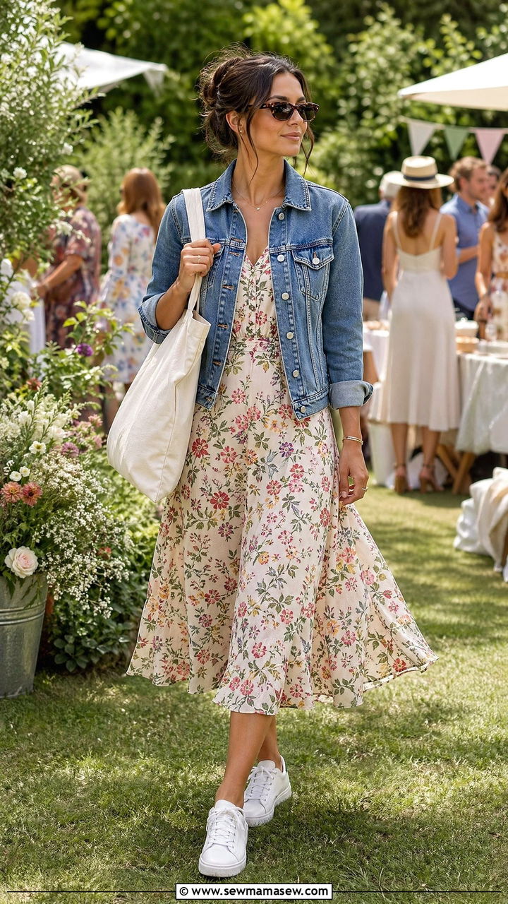 Denim Jacket Over a Floral Dress With Sneakers - 35 summer garden party outfit ideas