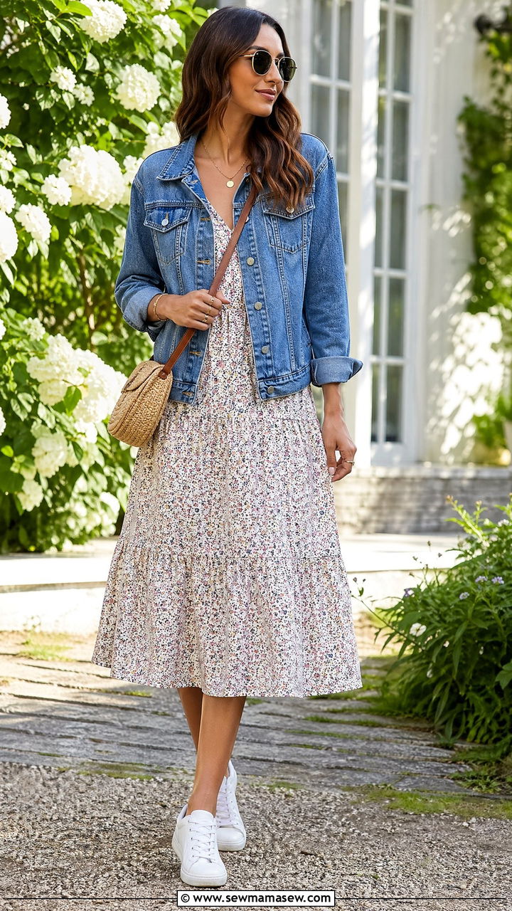 Denim Jacket Over a Floral Dress With Sneakers - 35 casual outfits ideas