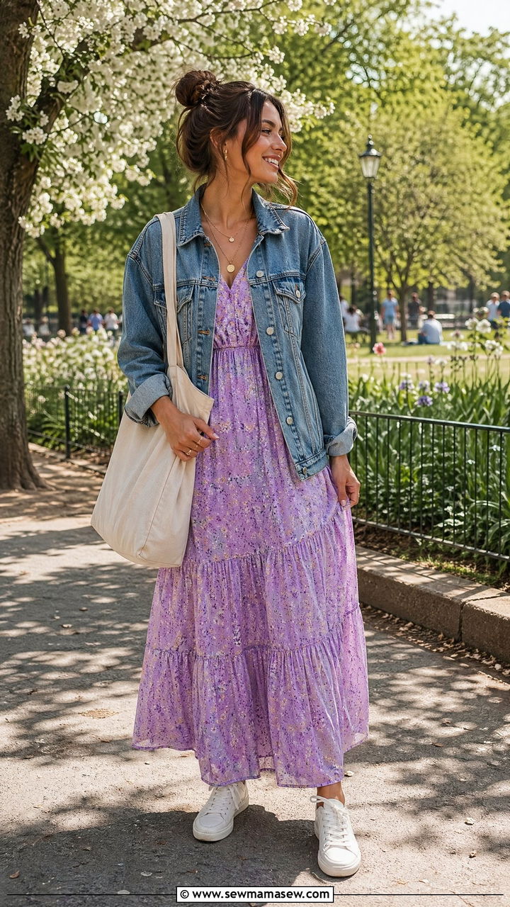 Denim Jacket Over a Floral Maxi Dress - 35 summer street style outfit ideas