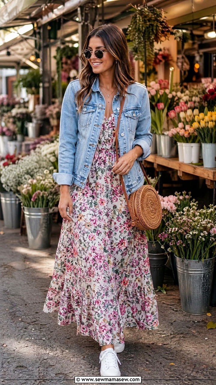 Denim Jacket Over a Floral Maxi Dress with White Sneakers - 35 spring casual chic outfit ideas