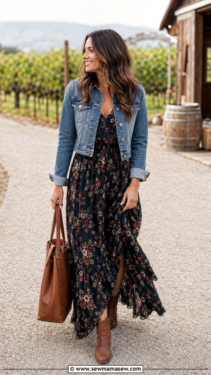 Denim Jacket Over a Floral Maxi Dress - 30 Barn wedding guest outfit ideas