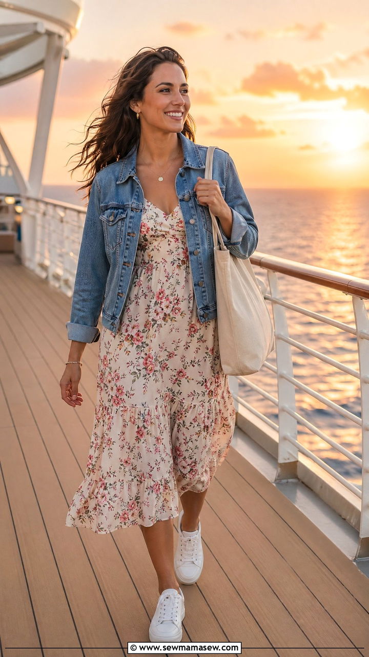 Denim Jacket Over a Floral Sundress - 35 Cruise outfit ideas for women