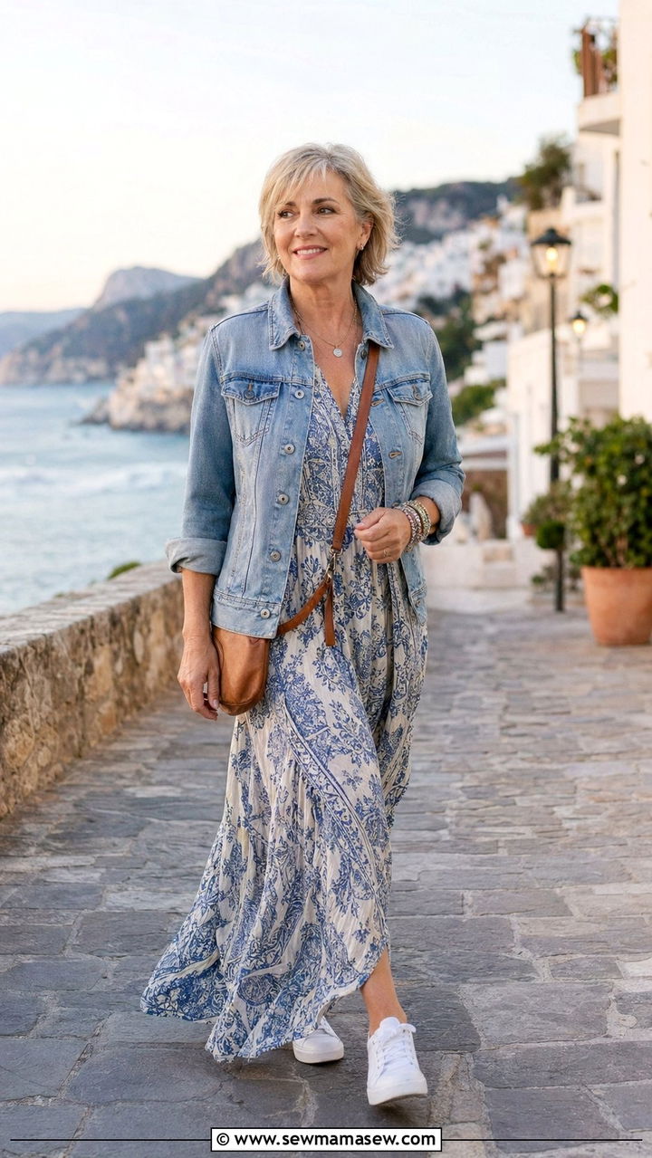 Denim Jacket Over a Flowy Maxi Dress - 35 Resort wear outfit ideas for women over 50