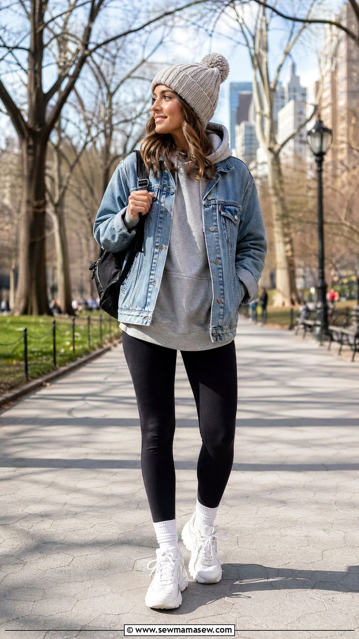 Denim Jacket Over a Hoodie With Leggings and Chunky Sneakers - 35 comfy outfit ideas for women